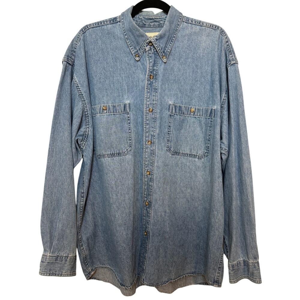 Eddie Bauer Blue Denim Button Down Size Large 90s Retro Casual Western Americana
